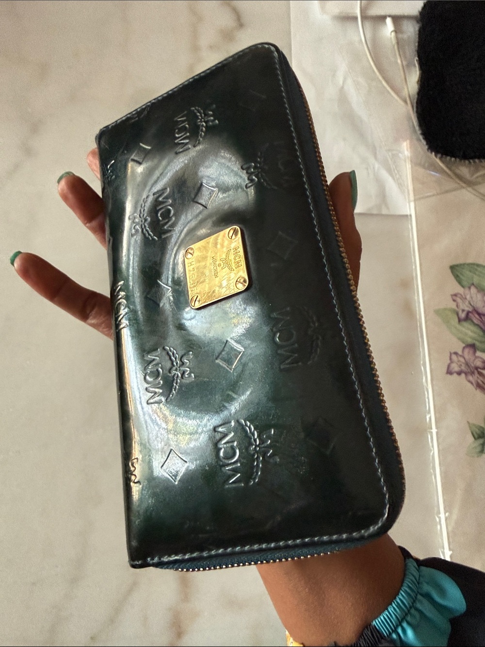 MCM Black Patent Leather Zip Wallet with Gold Plaque - Picture 14 of 15